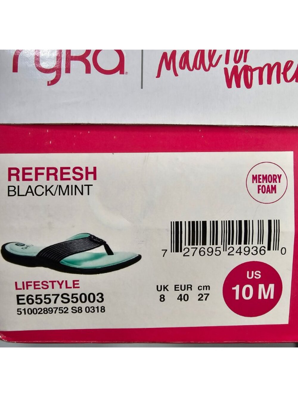 Ryka NWB Refresh Memory Foam Flip-Flop Sandals Women's Size 10M Black Mint Green - Picture 2 of 6